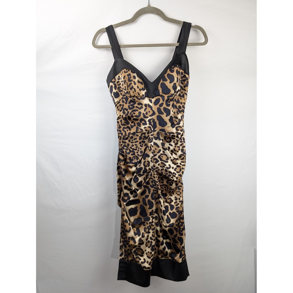 Vintage Y2K Cache Satin Bodycon Dress Size 2 Leopard Print Ruched Party Cocktail